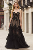 Black Ruffled Lace Spaghetti Straps Corset Long Prom Dress