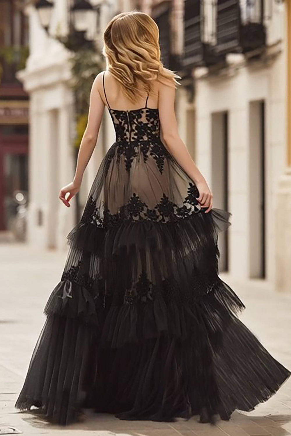 Black Ruffled Lace Spaghetti Straps Corset Long Prom Dress