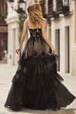 Black Ruffled Lace Spaghetti Straps Corset Long Prom Dress