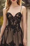 Black Ruffled Lace Spaghetti Straps Corset Long Prom Dress