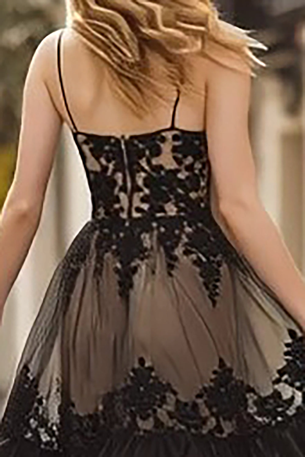 Black Ruffled Lace Spaghetti Straps Corset Long Prom Dress