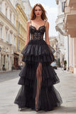 Black Tiered Tulle Corset Spaghetti Straps Long Prom Dress with Lace