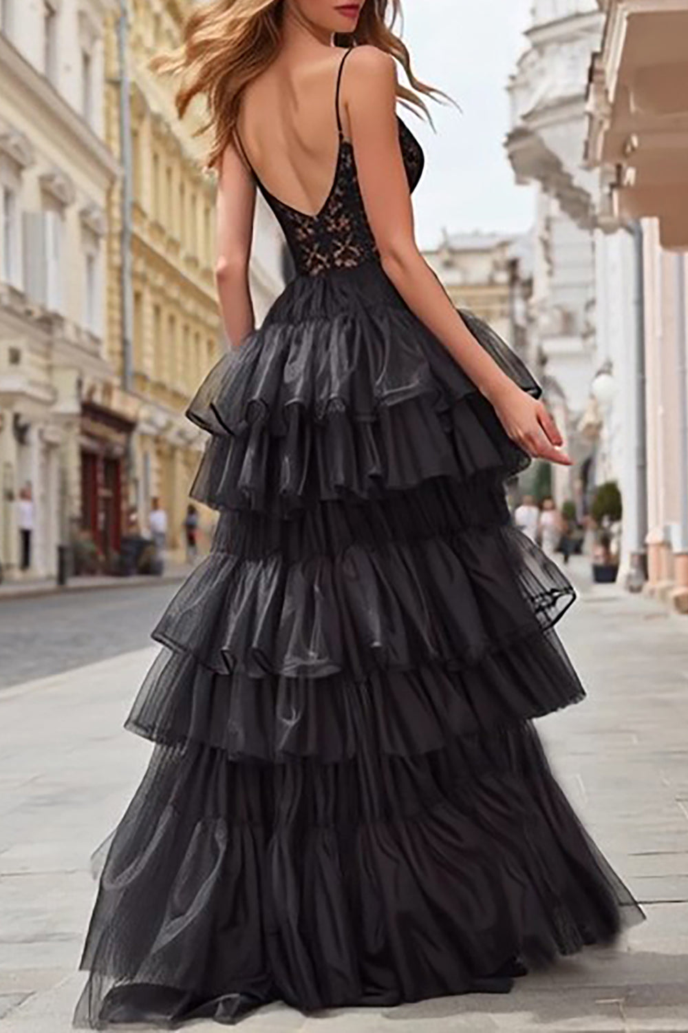 Black Tiered Tulle Corset Spaghetti Straps Long Prom Dress with Lace
