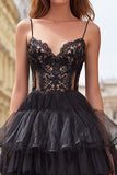 Black Tiered Tulle Corset Spaghetti Straps Long Prom Dress with Lace