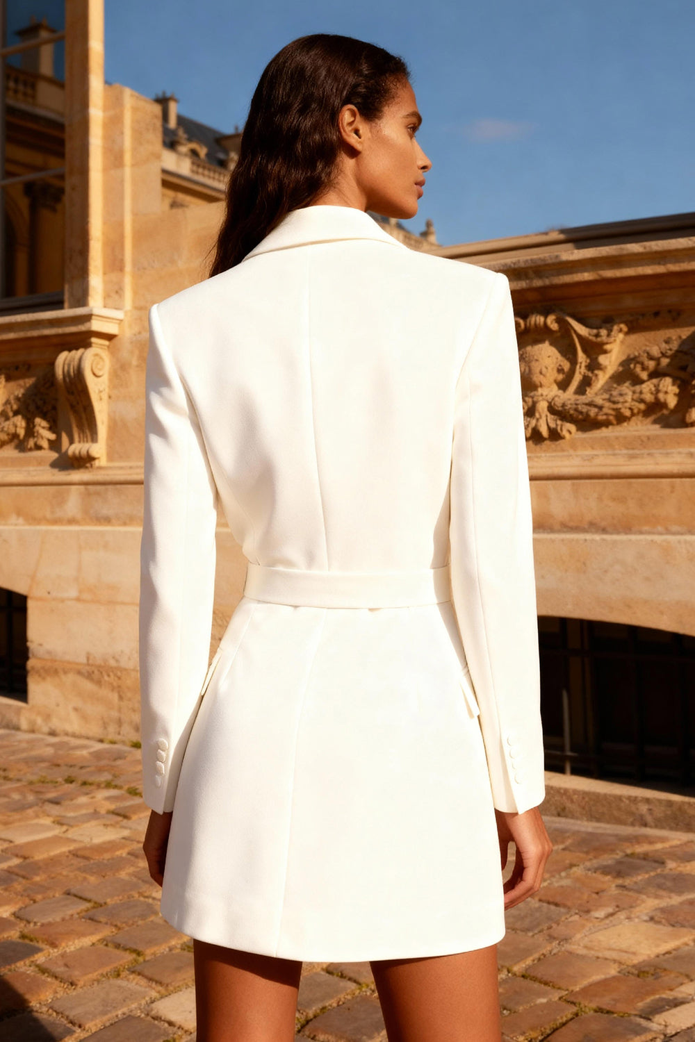White Bodycon Peak Lapel Short Blazer Wedding Dress with Belt