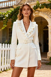 White Short Shawl Lapel Ruffled Blazer Wedding Dress with Belt