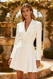 White Peak Lapel Ruched Short A Line Blazer Wedding Dress with Belt
