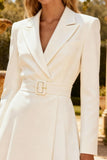 White Peak Lapel Ruched Short A Line Blazer Wedding Dress with Belt