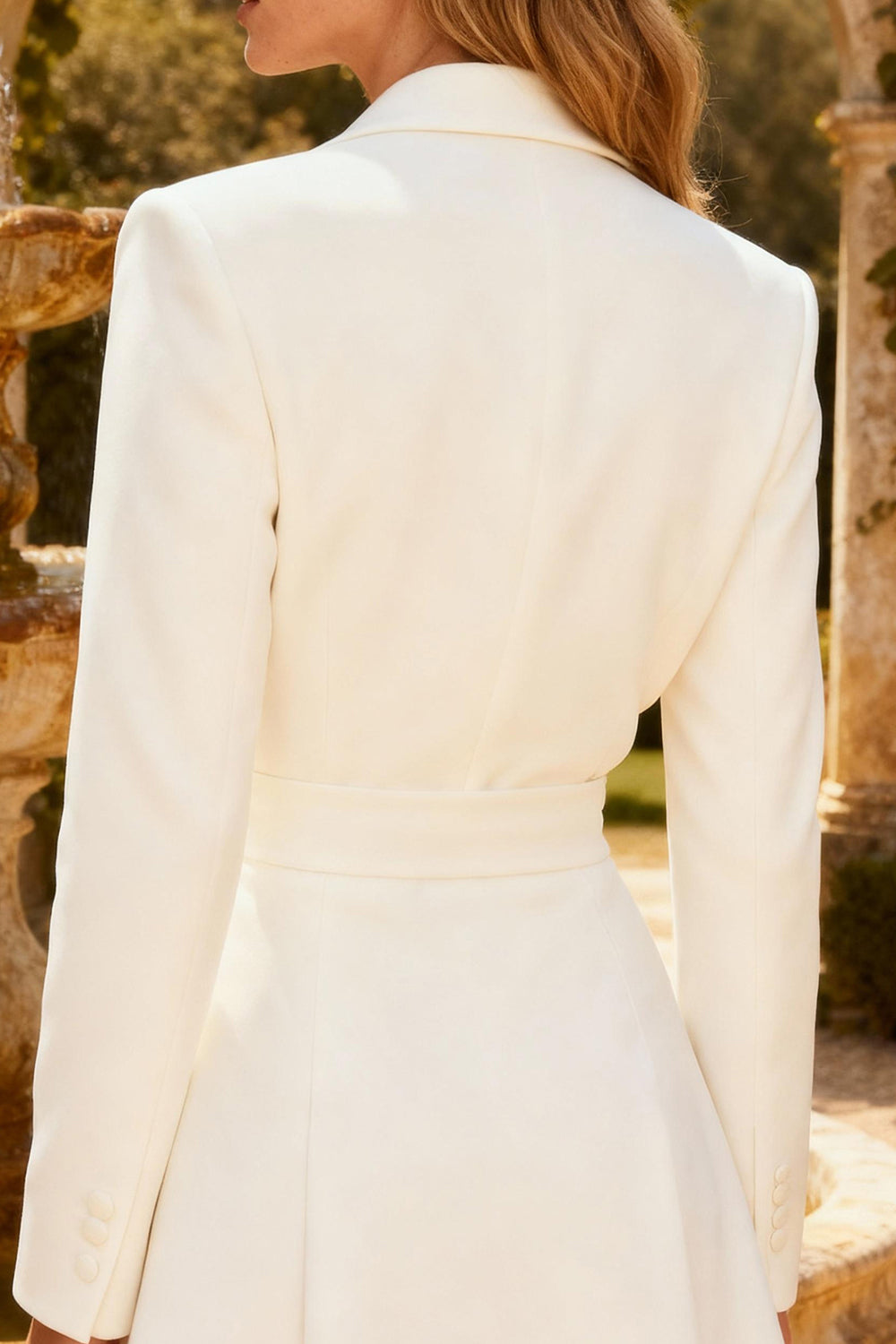 White Peak Lapel Ruched Short A Line Blazer Wedding Dress with Belt