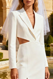 White Peak Lapel Midi Cut Out Blazer Wedding Dress with Slit