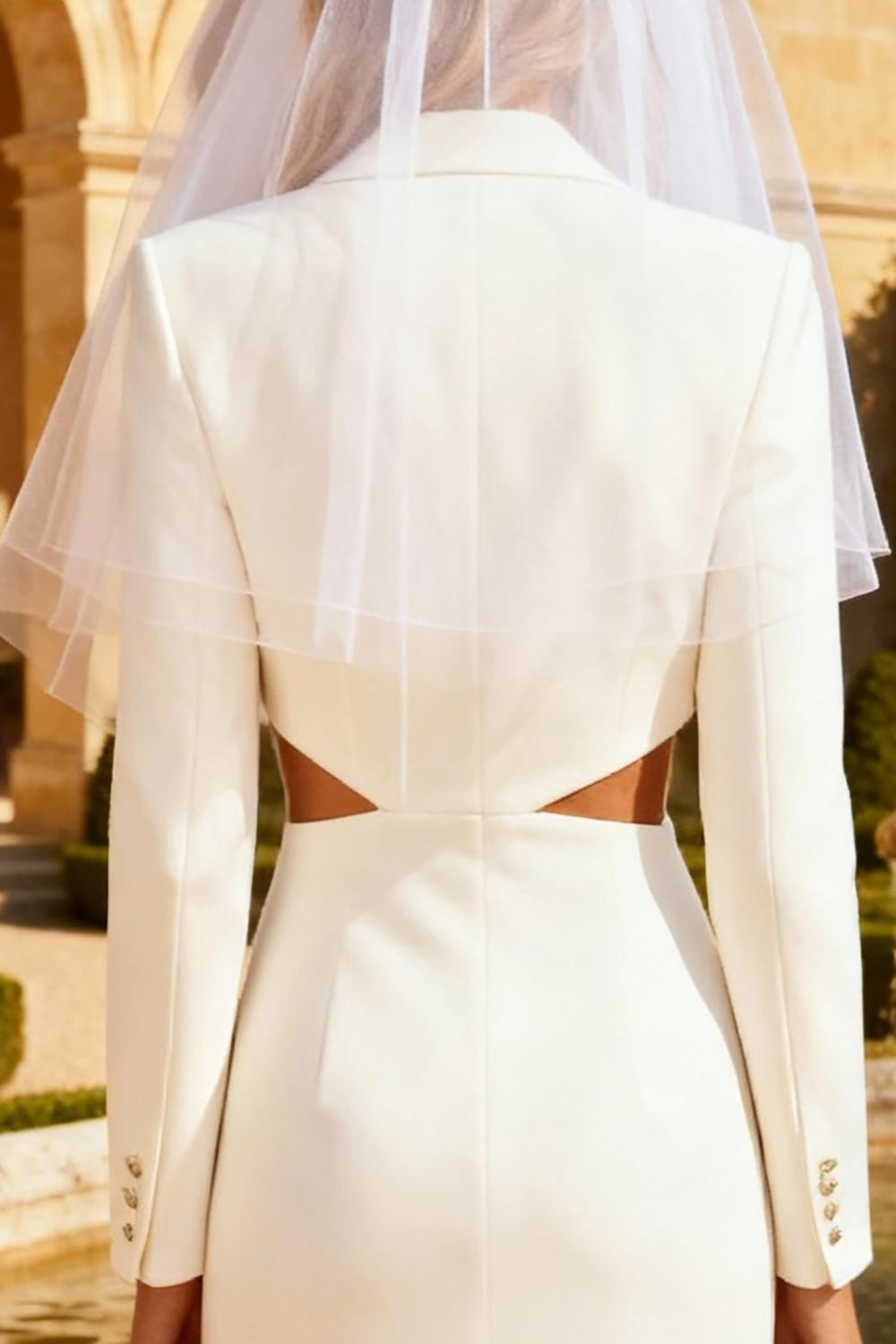 White Peak Lapel Midi Cut Out Blazer Wedding Dress with Slit
