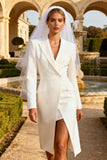 White Peak Lapel Midi Pencil Blazer Wedding Dress with Slit