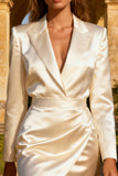 White Peak Lapel Satin Short Blazer Wedding Dress with Button