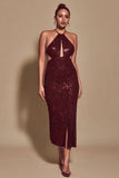 Sparkly Sequin Burgundy Halter Sheath Long Holiday Party Dress with Keyhole