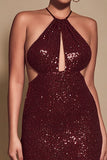 Sparkly Sequin Burgundy Halter Sheath Long Holiday Party Dress with Keyhole