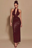 Sparkly Sequin Burgundy Halter Cut Out Mermaid Long Holiday Party Dress