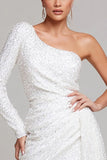 Sparkly White Sequin Bodycon One Shoulder Short Cocktail Dress with Side Cape