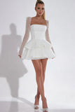 Sparkly White Sequin Corset Short Ruffled Cocktail Dress with Sleeves