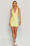 Sparkly Yellow Halter Sequin Bodycon Short Cocktail Dress