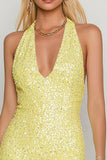 Sparkly Yellow Halter Sequin Bodycon Short Cocktail Dress