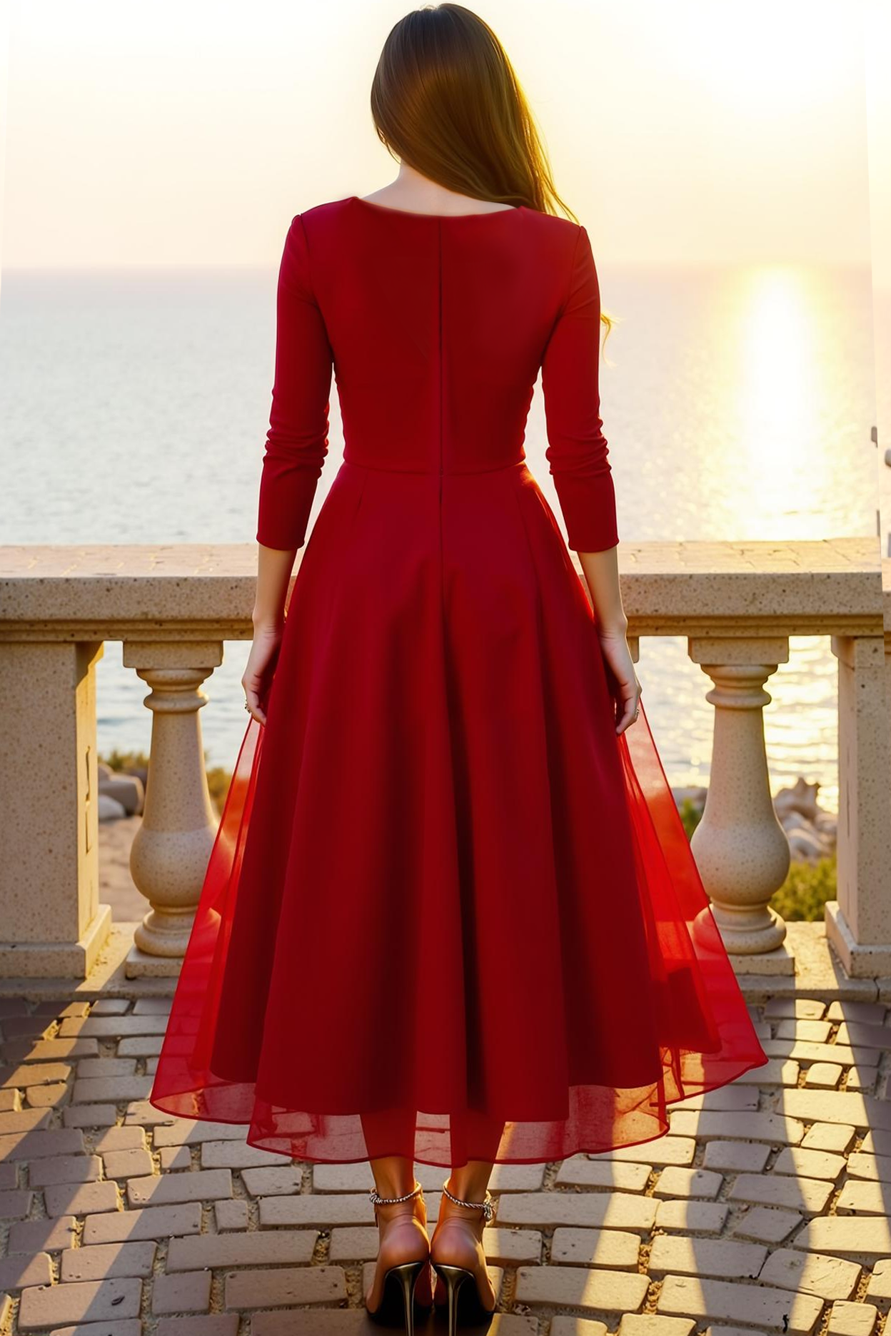 Red A Line V-Neck Long Formal Dress with Sleeves
