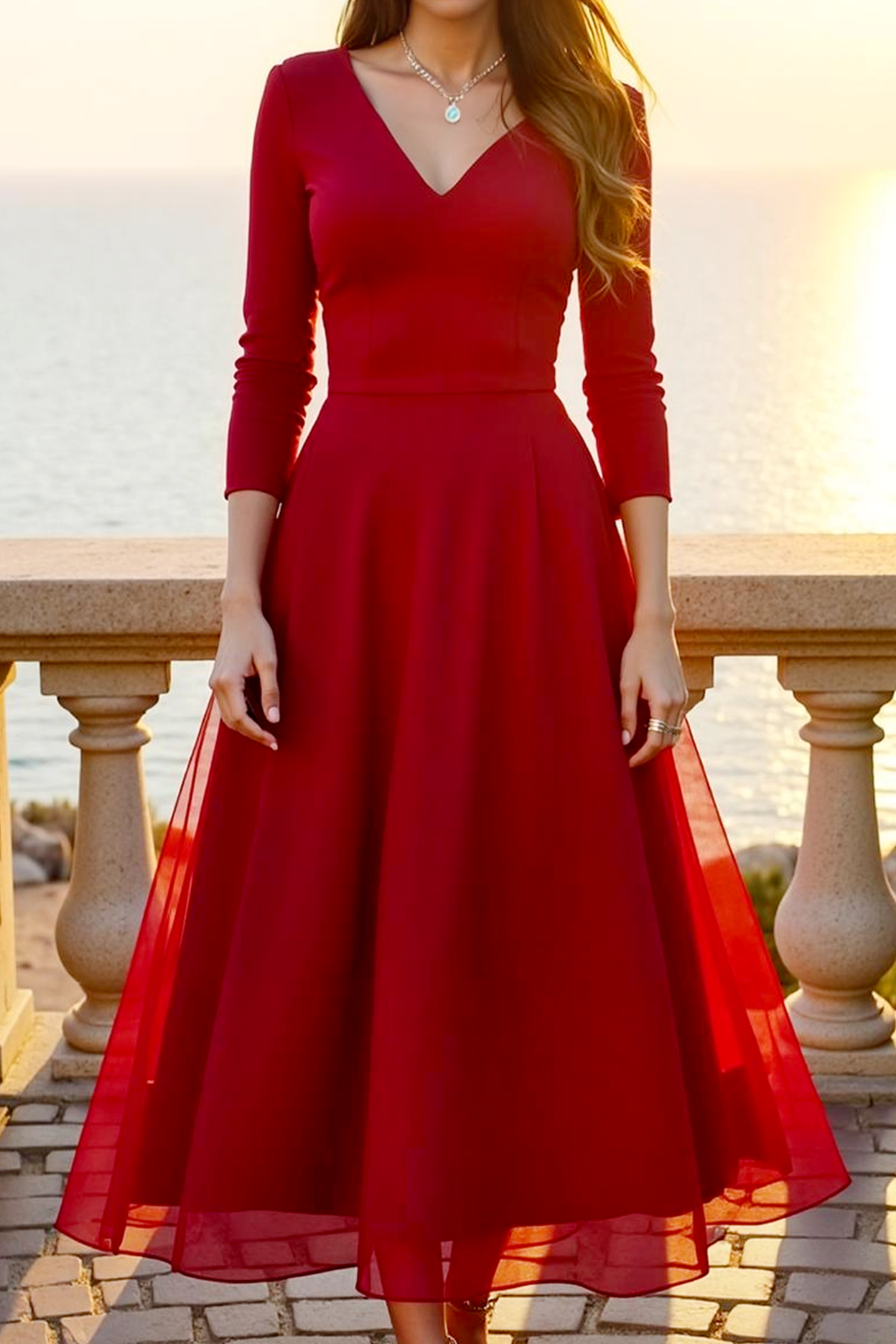 Red A Line V-Neck Long Formal Dress with Sleeves