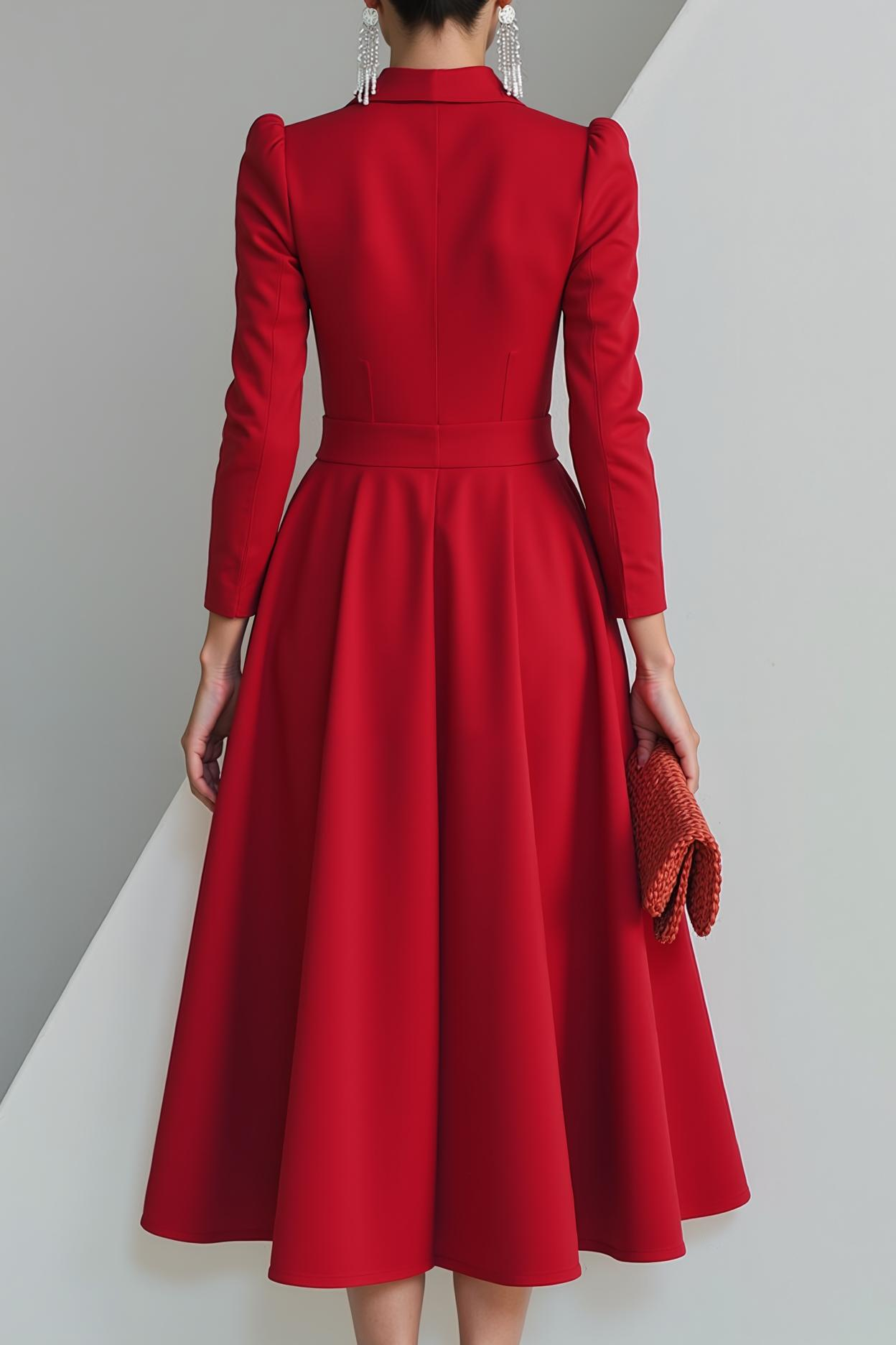 Red Collar Neck A Line Maxi Formal Dress with Sleeves