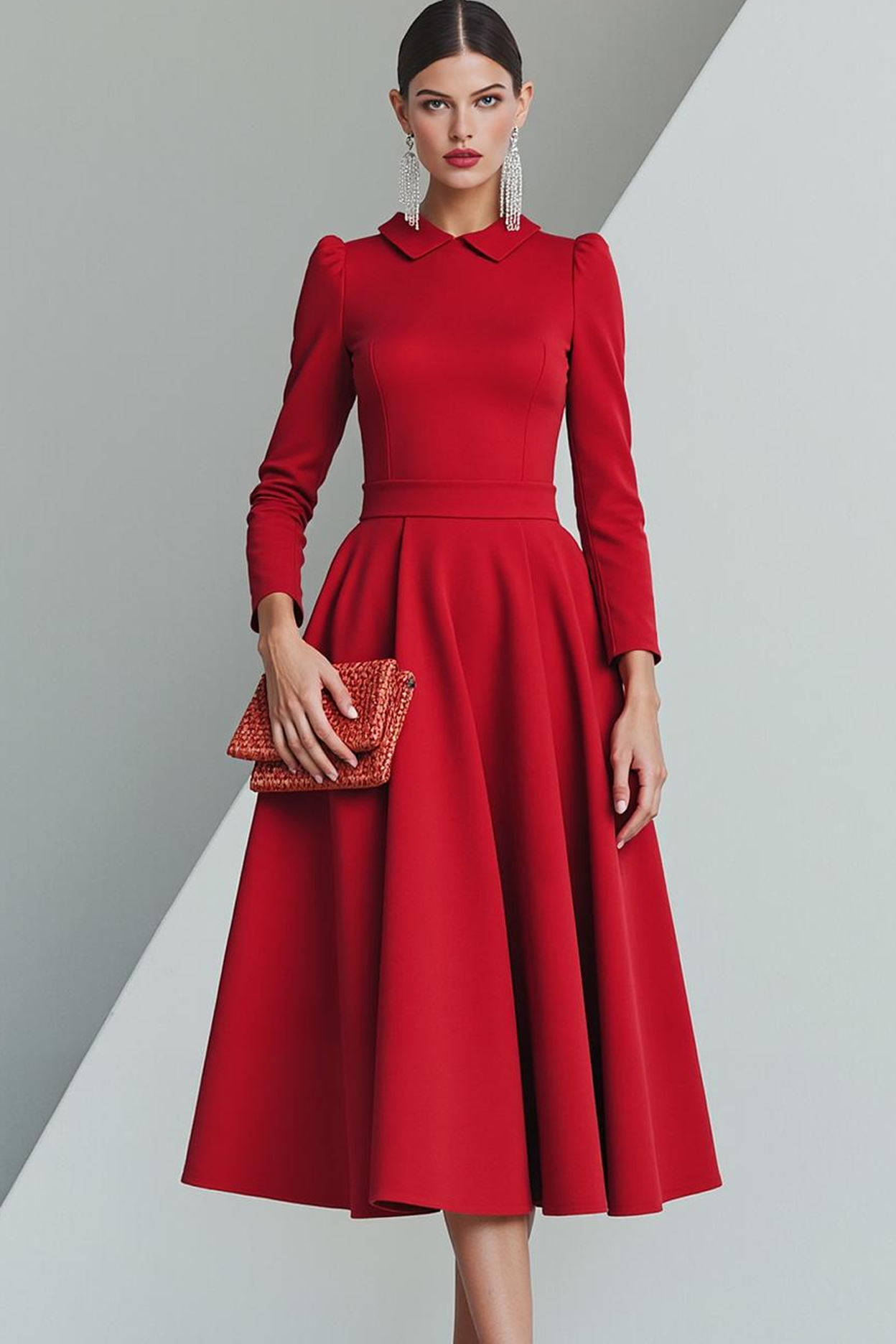 Red Collar Neck A Line Maxi Formal Dress with Sleeves