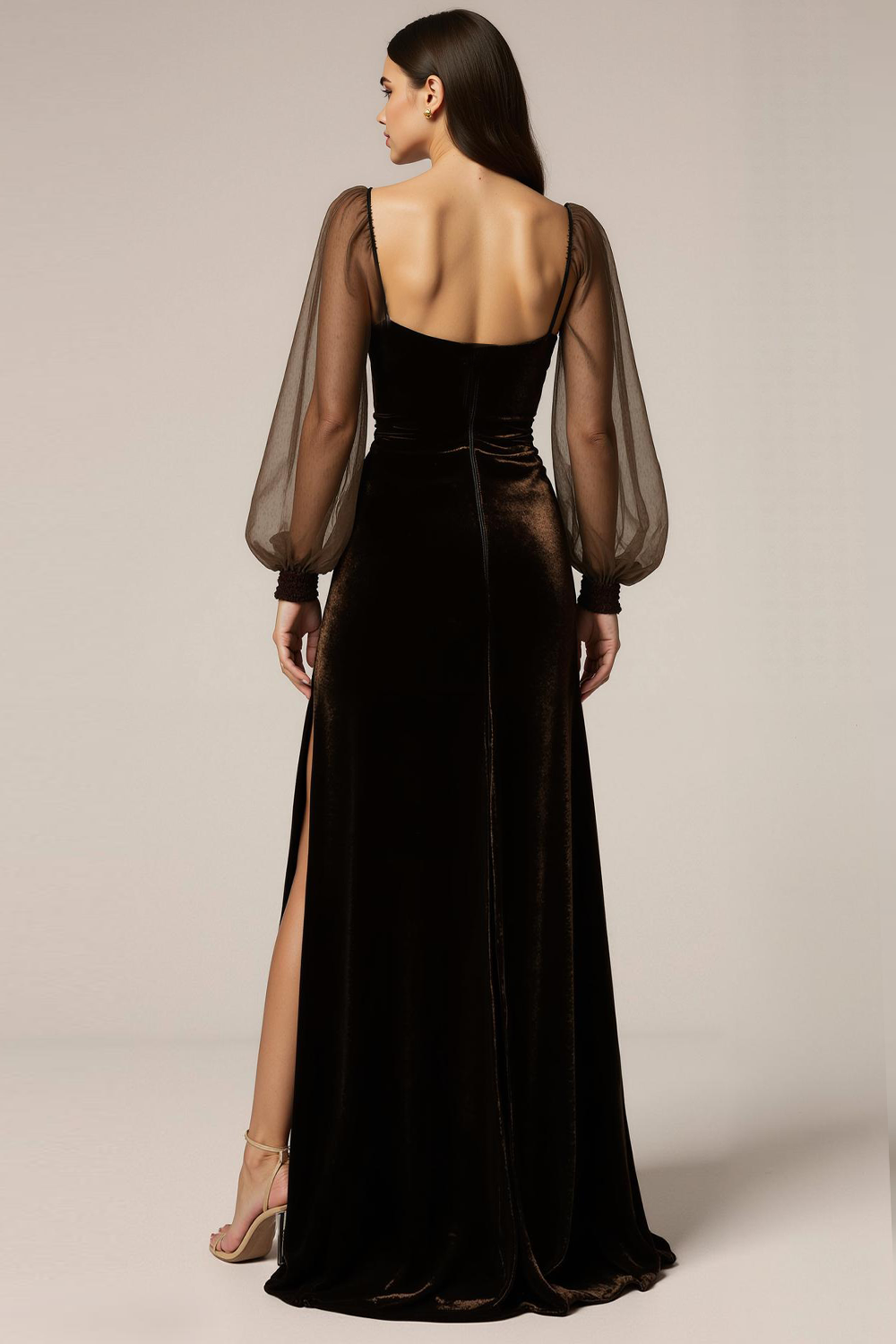 Brown Velvet Sheath Long Formal Dress with Sleeves