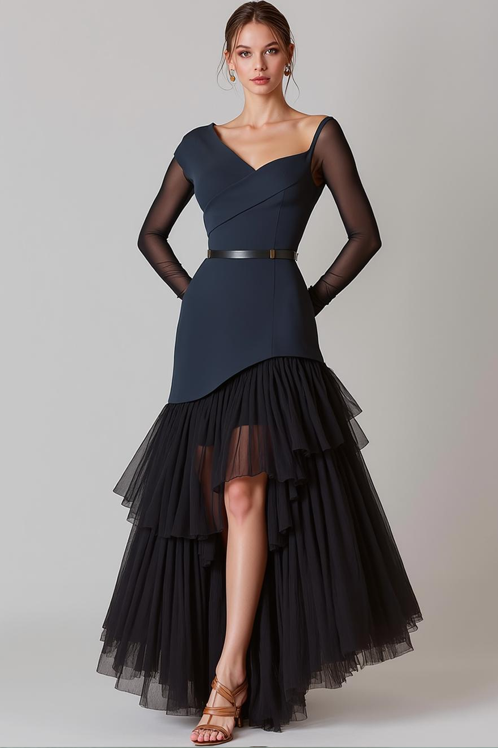 Navy Tulle Asymmetrical Neck High Low Long Evening Dress
