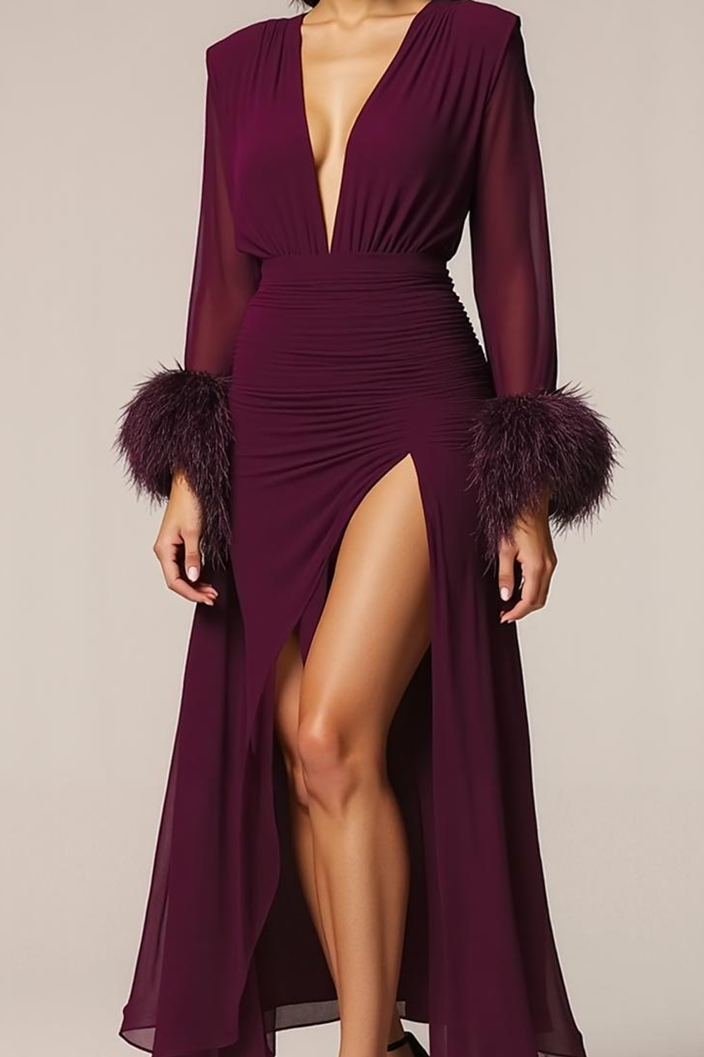 Cabernet V-Neck Chiffon Long Formal Dress with Feather