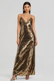 Sparkly Sequin Golden Sheath Spaghetti Straps Maxi Gala Dress
