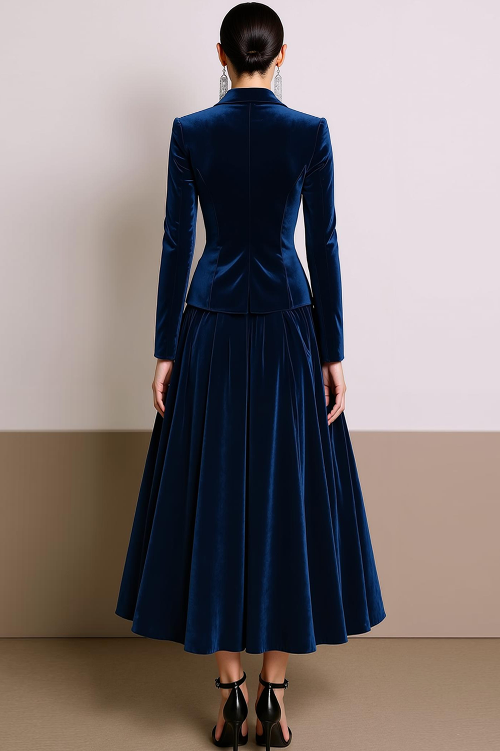 Navy Notched Lapel Velvet A Line Long Blazer Dress with Sleeves