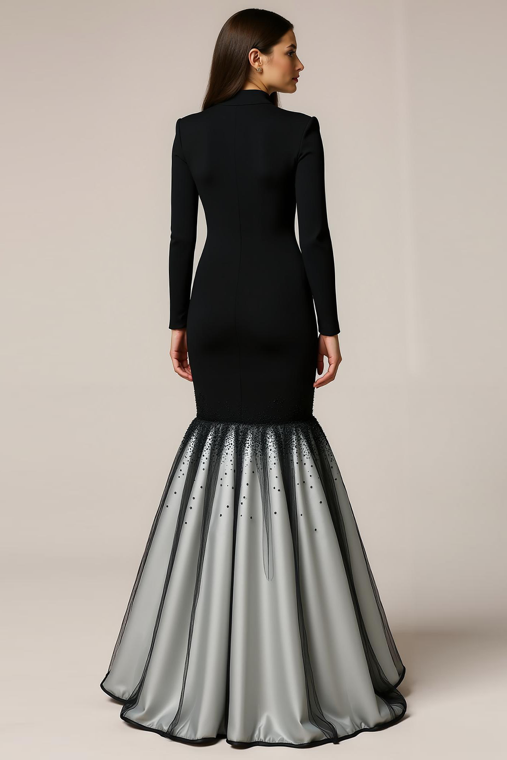 Black Grey High Neck Mermaid Long Evening Dress with Sleeves