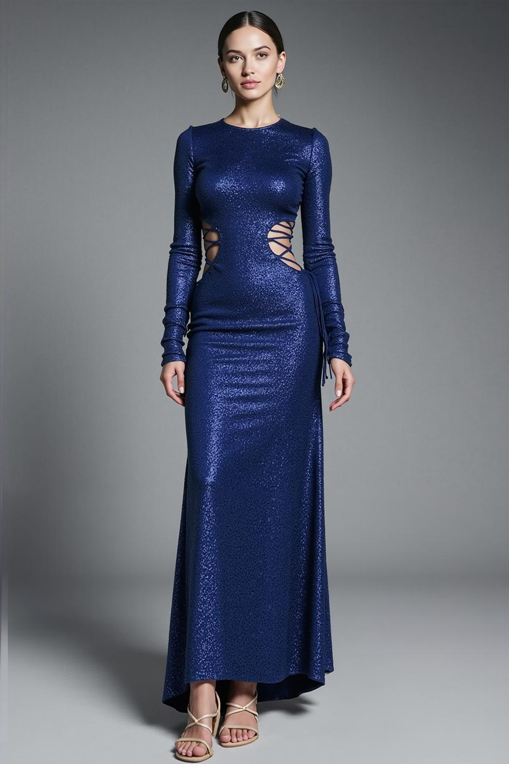 Sparkly Sequin Navy Cut Out Long Gala Dress with Sleeves