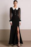 Black White Collar Neck Long Formal Dress with Slit