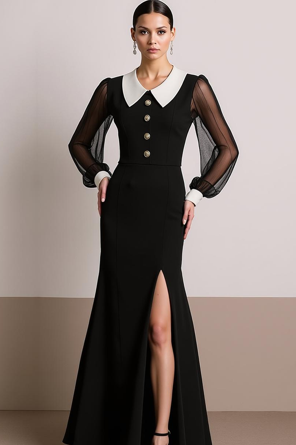 Black White Collar Neck Long Formal Dress with Slit