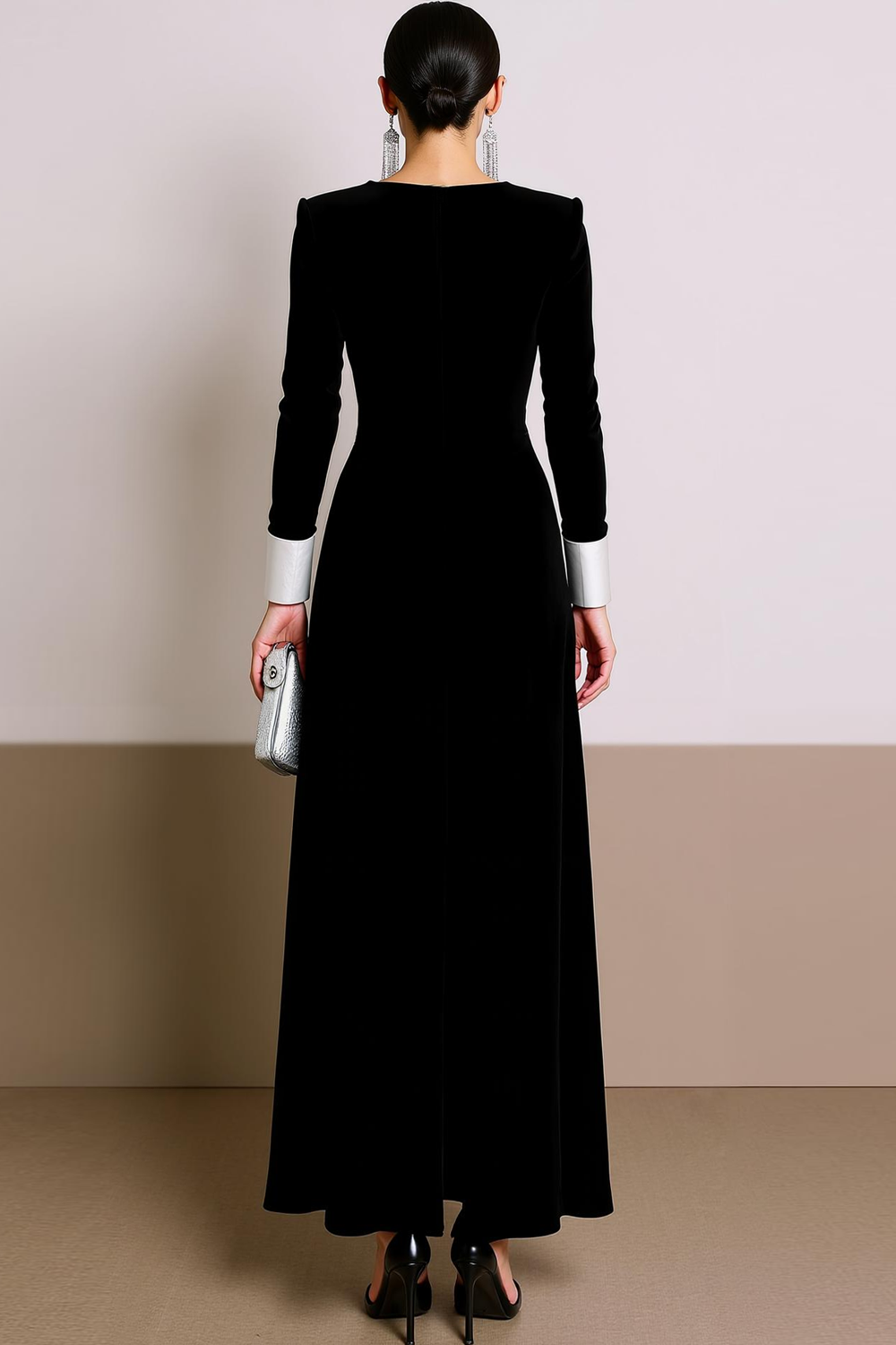Black White V-Neck Velvet Maxi Holiday Party Dress with Buttons