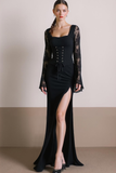 Black Square Neck Long Sleeves Evening Dress with Slit