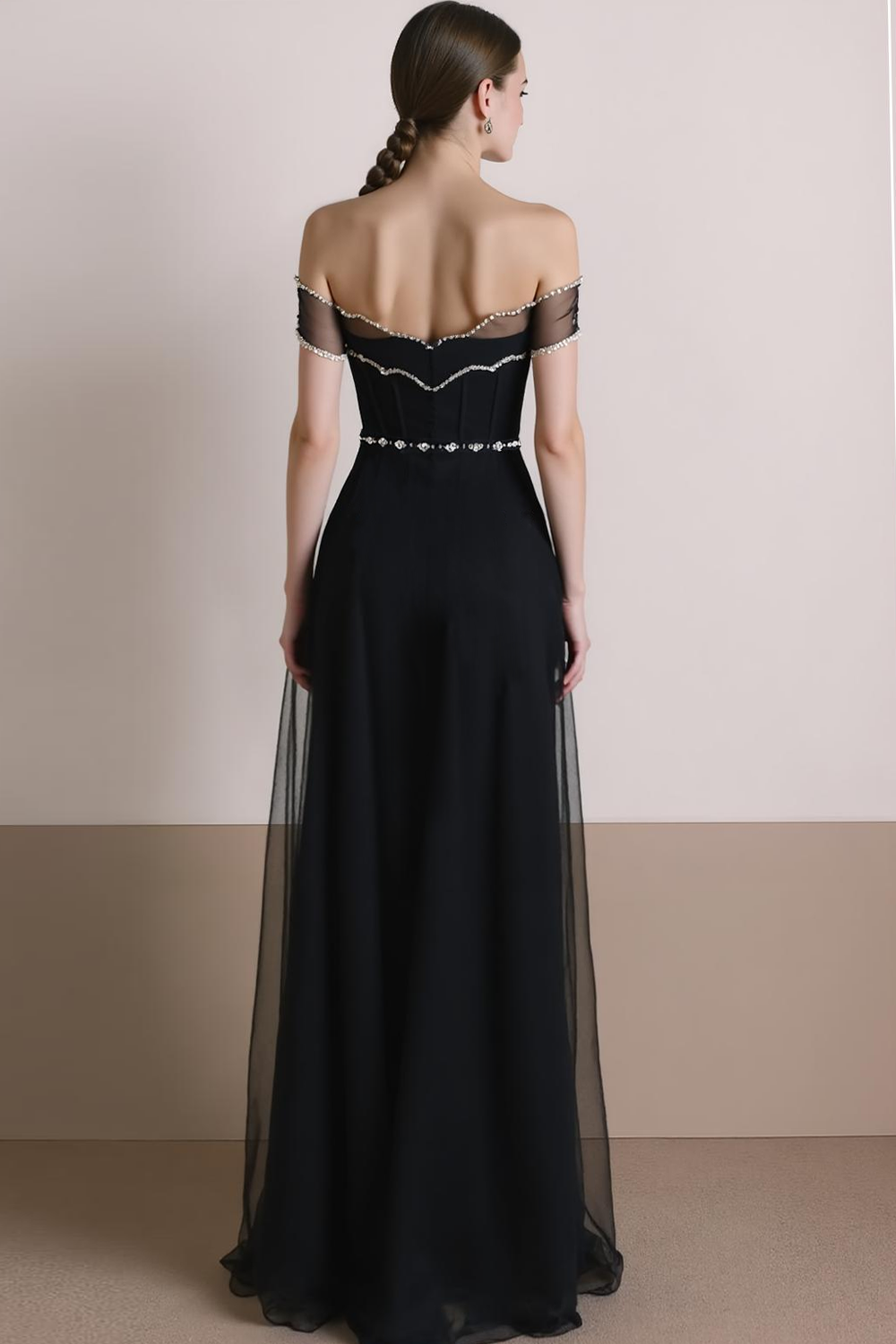 Black Tulle A Line Off the Shoulder Long Evening Dress