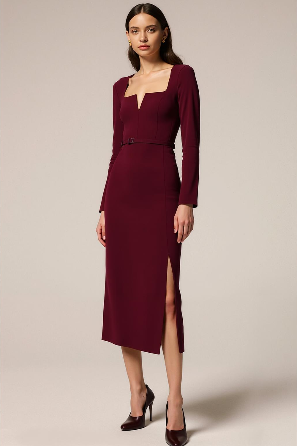 Cabernet Sheath Square Neck Long Formal Dress with Slit