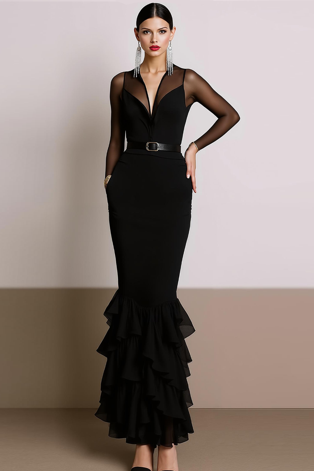 Black Chiffon Mermaid V-Neck Maxi Evening Dress with Sleeves