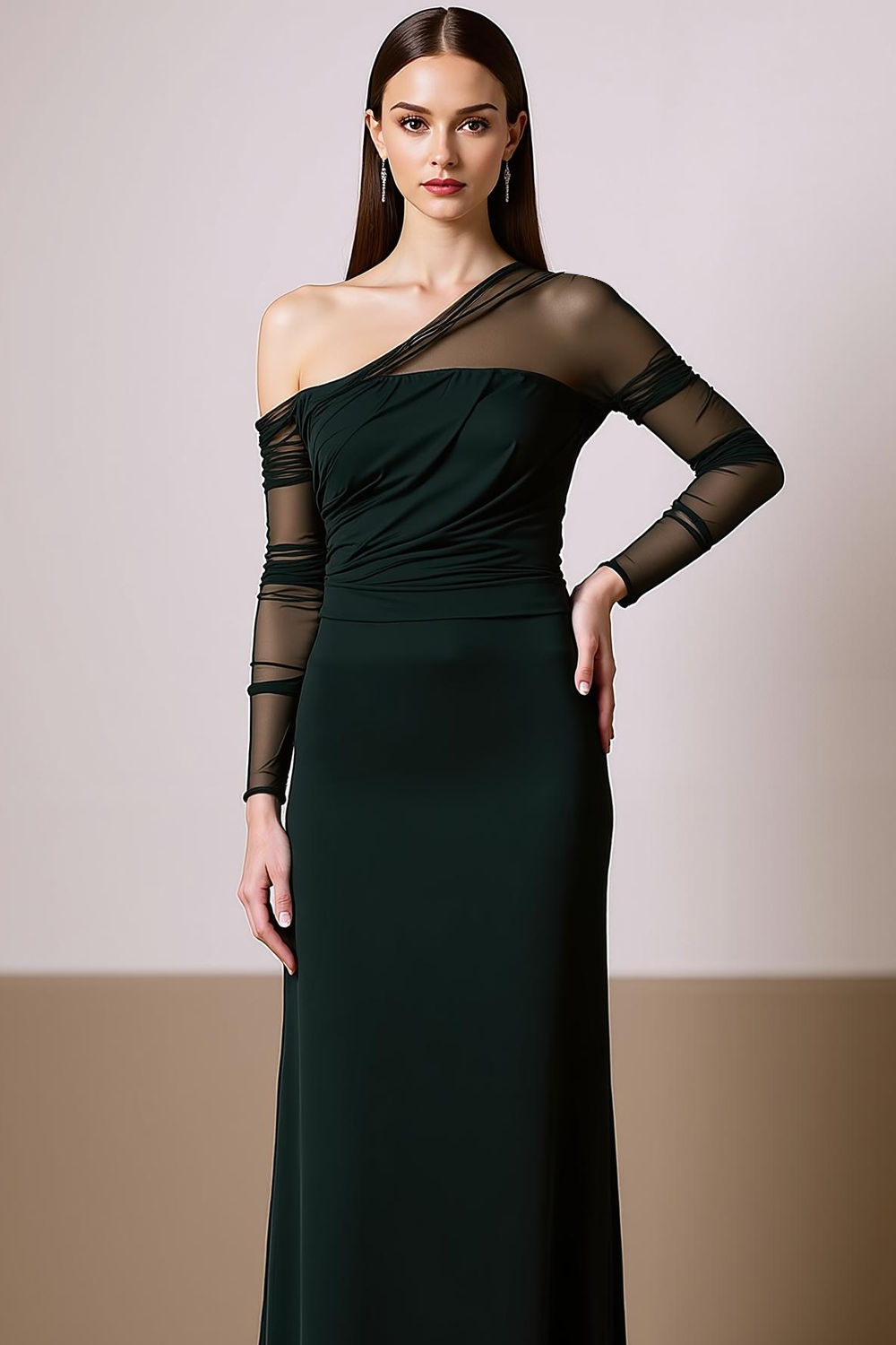 Black Asymmetrical Neck Chiffon Maxi Evening Dress with Sleeves