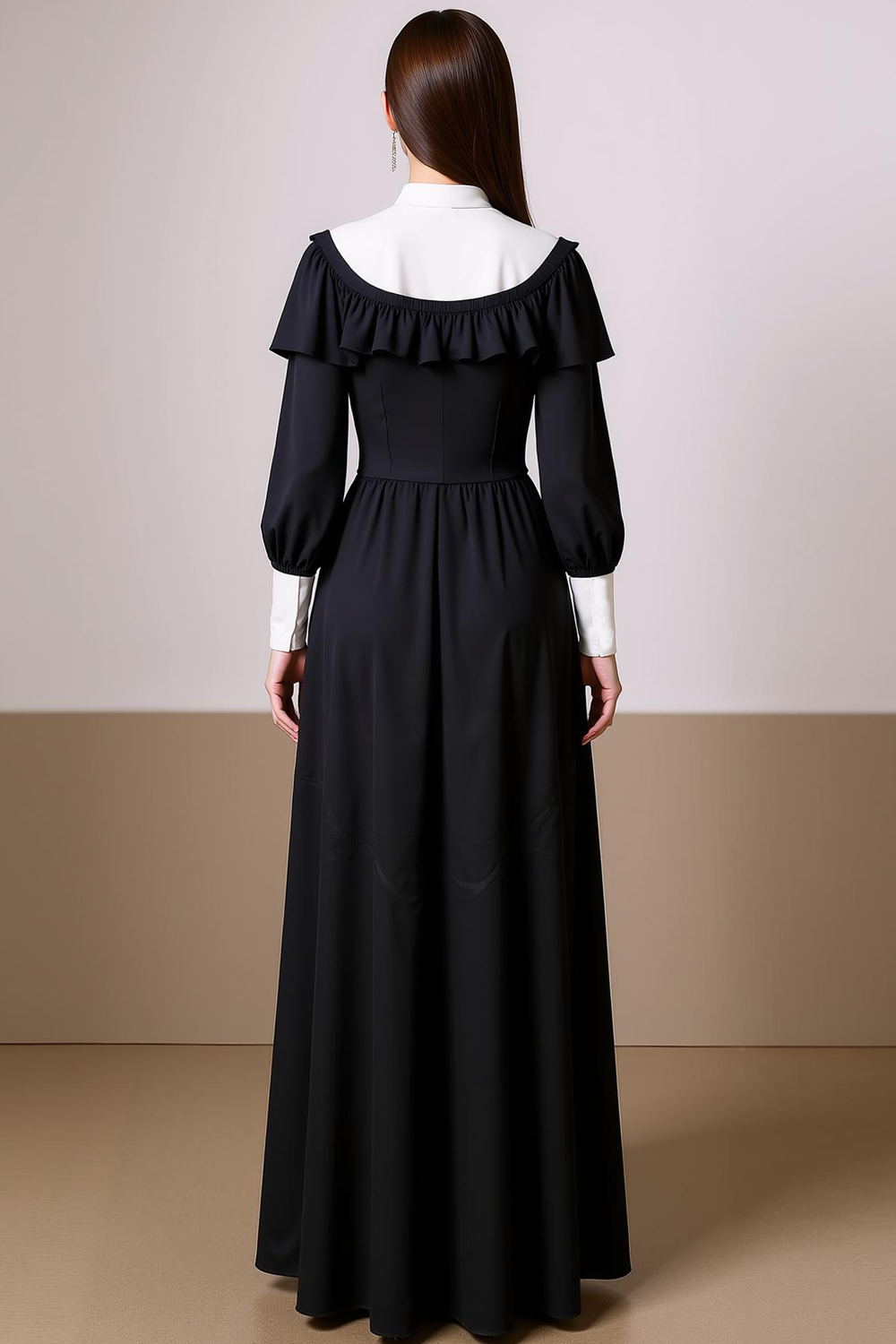 Black White Chiffon Sheath Ruffled Maxi Evening Dress with Sleeves
