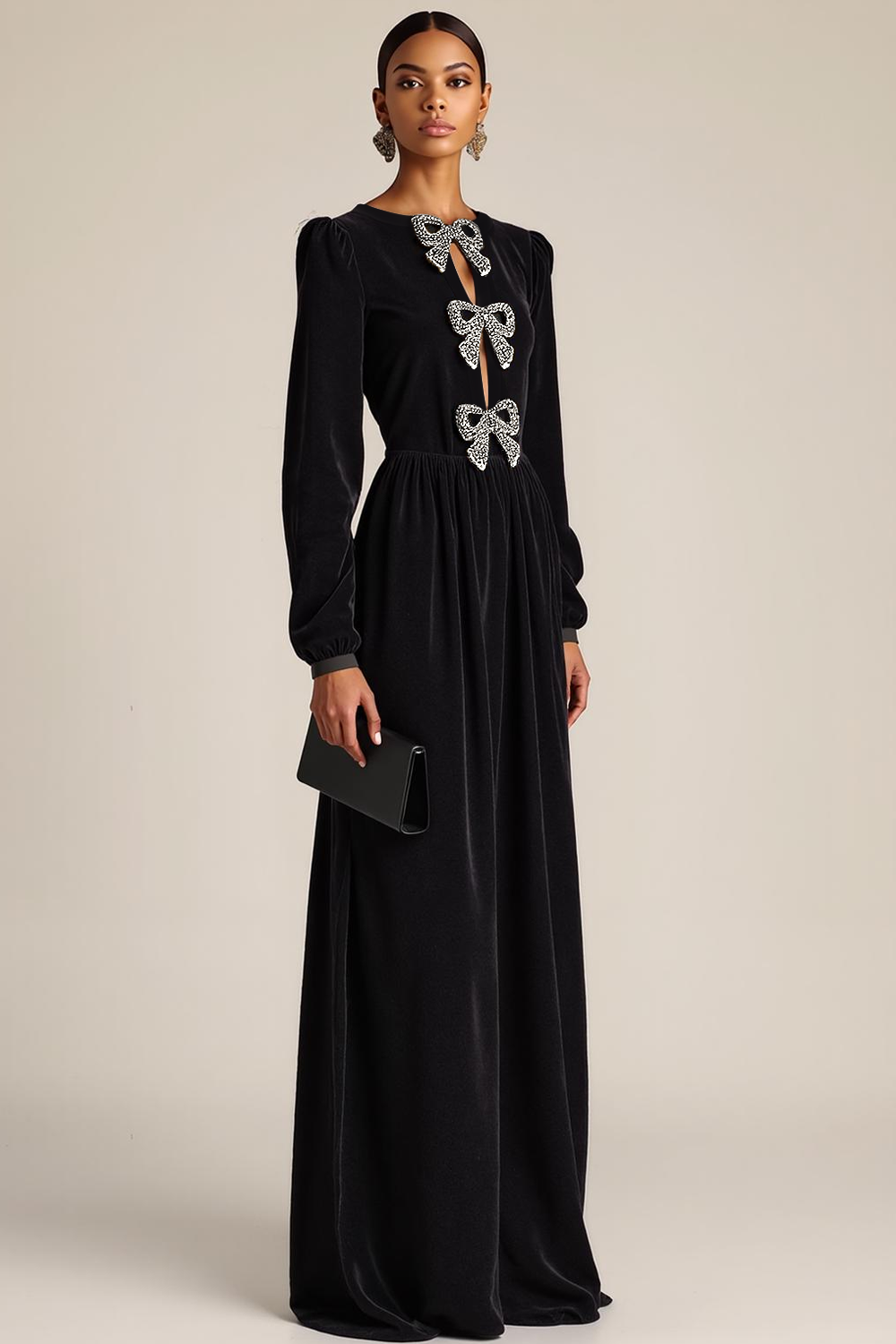 Leely Women Black Sheath Velvet Long Formal Dress with Bows Round Neck Keyhole Holiday Party Dress with Beading