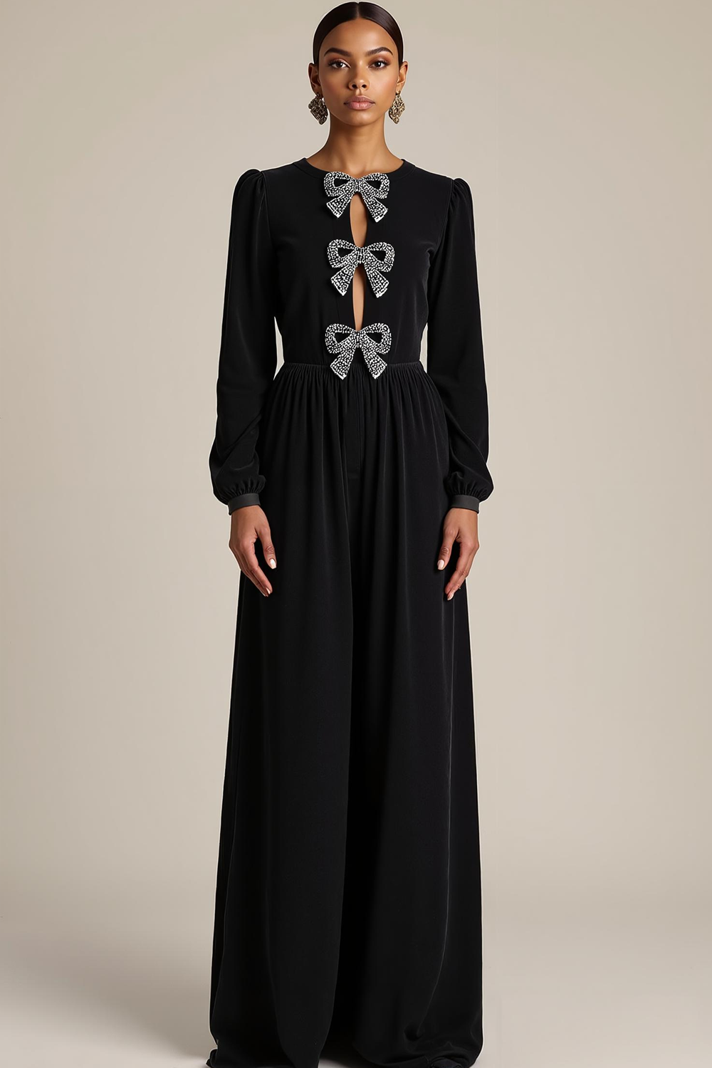 Black Sheath Velvet Keyhole Long Holiday Party Dress with Bows