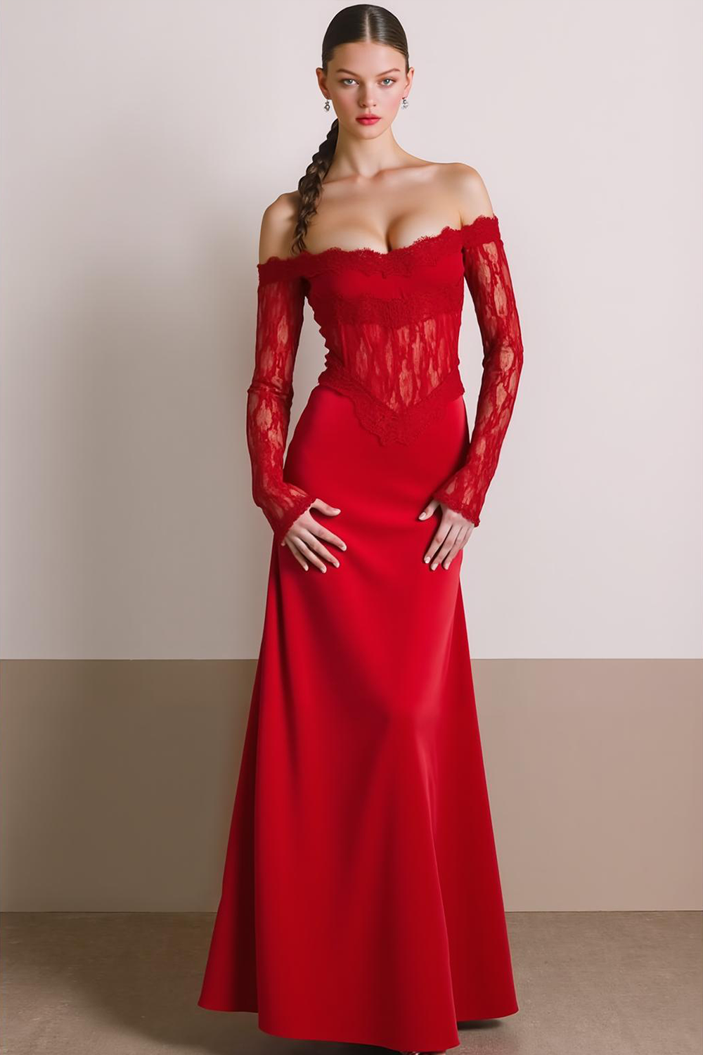 Red A Line Off the Shoulder Long Evening Dress with Lace