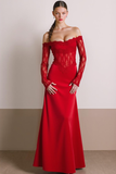 Red A Line Off the Shoulder Long Evening Dress with Lace