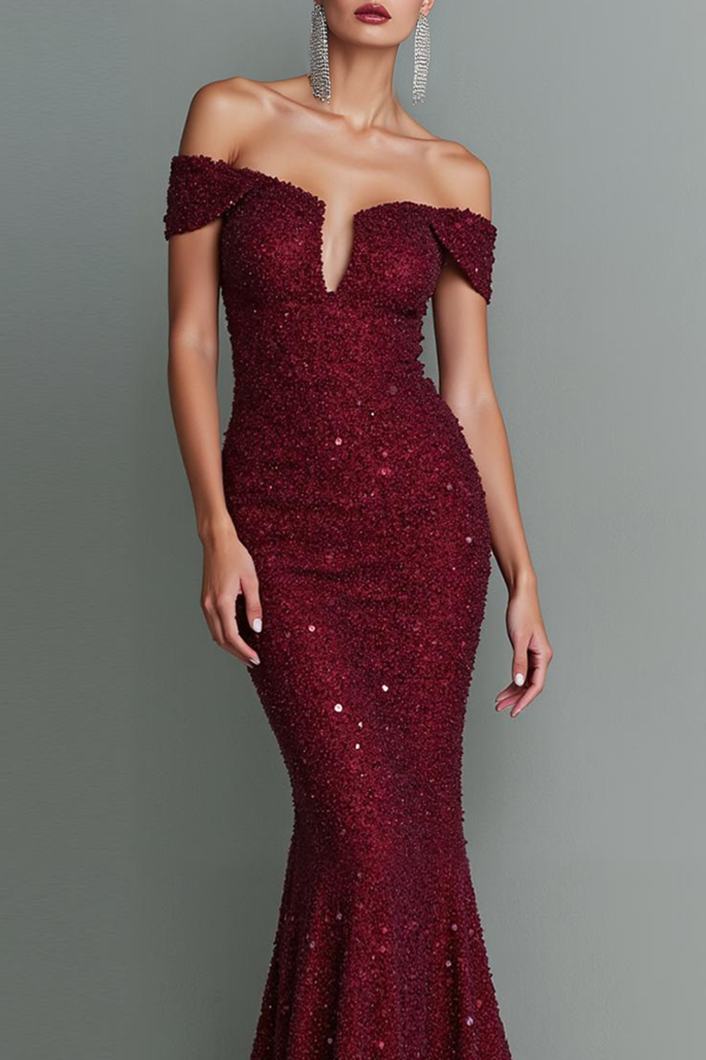 Sparkly Cabernet Sequin Mermaid Off the Shoulder Maxi Gala Dress