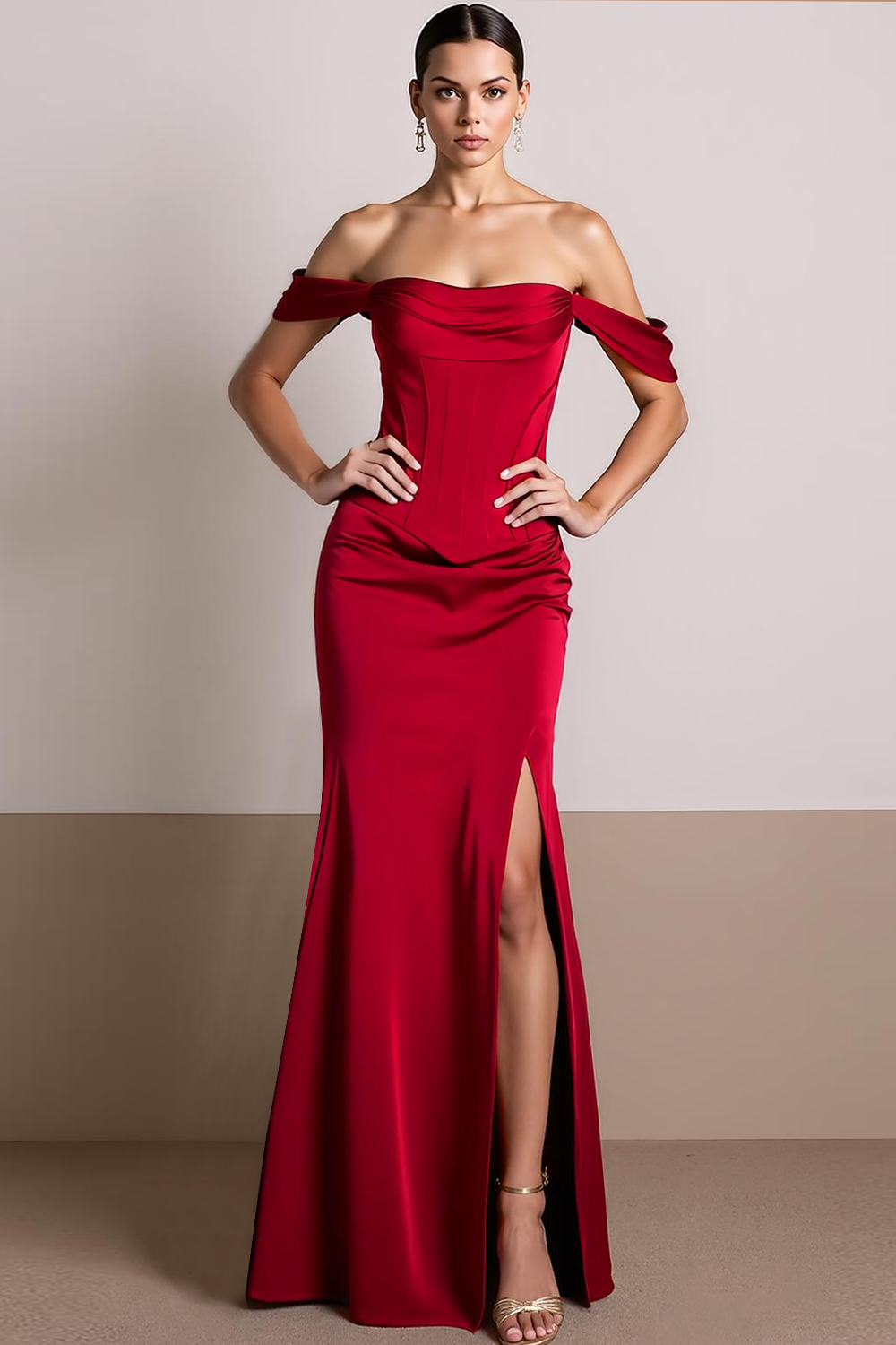 Red Mermaid Corset Satin Long Formal Dress with Slit